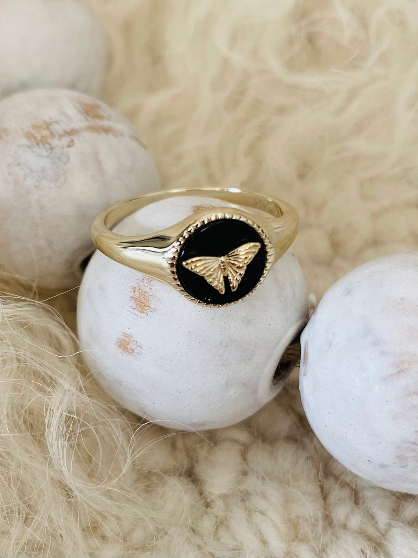 Butterfly Black Onyx Signet Ring