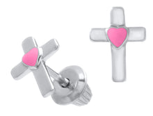 Load image into Gallery viewer, Children&#39;s Sterling Silver Cross with Pink Heart Earrings
