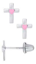 Load image into Gallery viewer, Children&#39;s Sterling Silver Cross with Pink Heart Earrings
