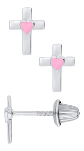 Children's Sterling Silver Cross with Pink Heart Earrings